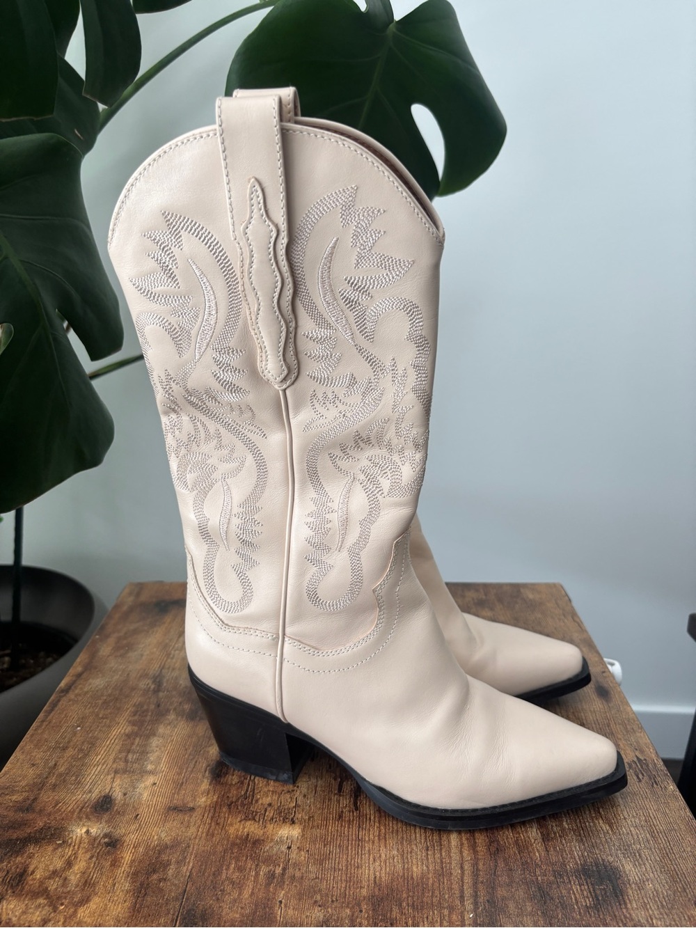 Jeffrey Campbell Cream Embroidered Western Mid-Calf Boots